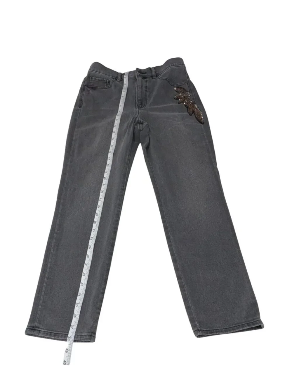 Express Super High Rise Slim Washed Black Jeans 8R Beaded Embellished Stretch